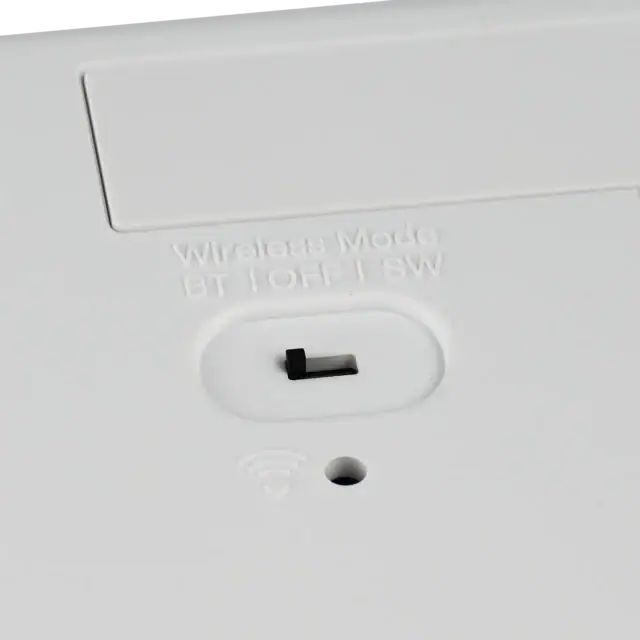 Back view of keyboard showing Bluetooth, off and switch mode